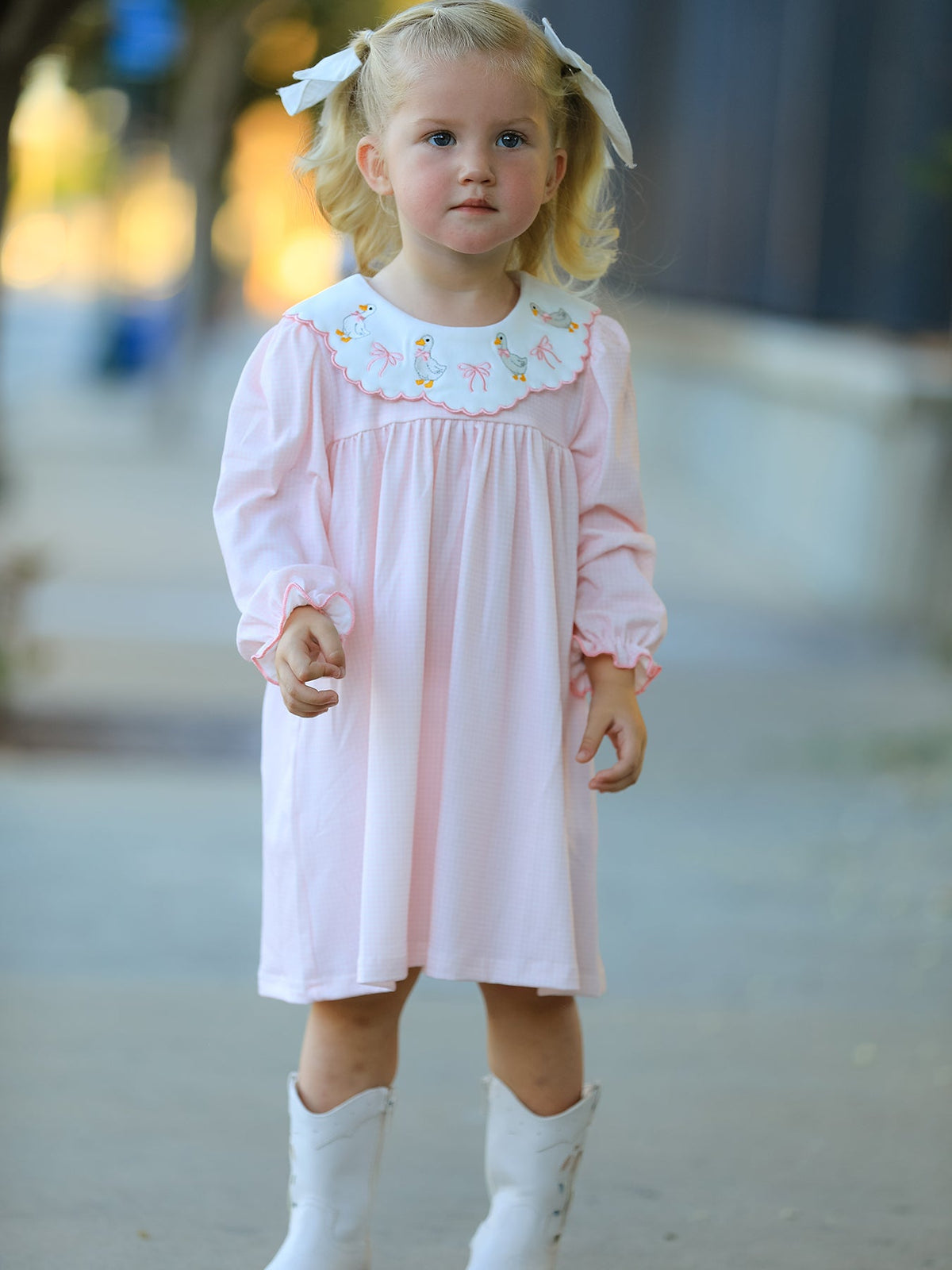 Rylee Faith Designs - Pink Goose Embroidered Baby Girl Dress Peter Pan Collar Bow Dress - alternate view 2