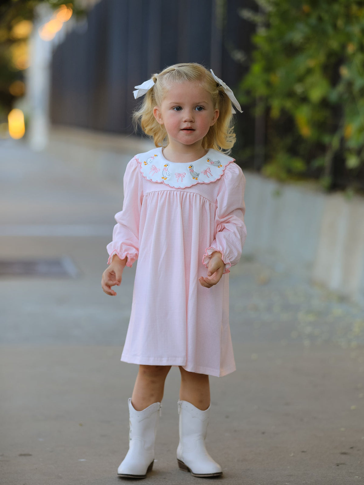 Rylee Faith Designs - Pink Goose Embroidered Baby Girl Dress Peter Pan Collar Bow Dress - alternate view 4
