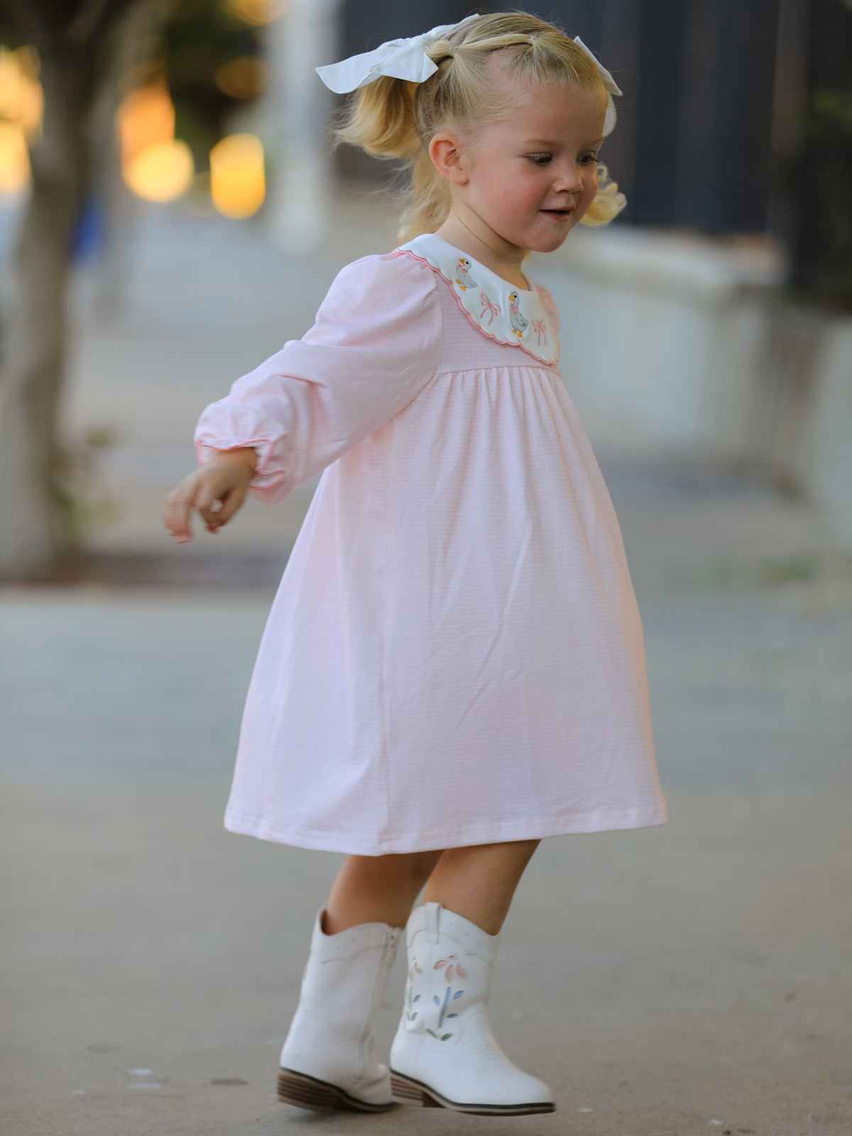 Rylee Faith Designs - Pink Goose Embroidered Baby Girl Dress Peter Pan Collar Bow Dress - alternate view 5