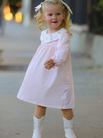 Rylee Faith Designs - Pink Goose Embroidered Baby Girl Dress Peter Pan Collar Bow Dress