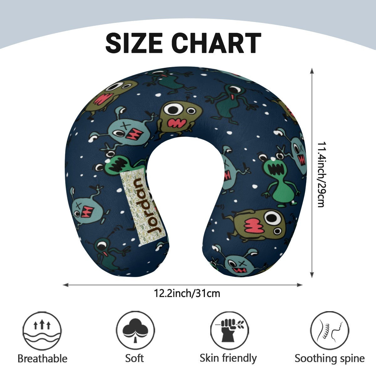 Personalized Monster Print Kids Travel Neck Pillow with Name | Memory Foam, Detachable Washable Cover | Custom Gift for Kids