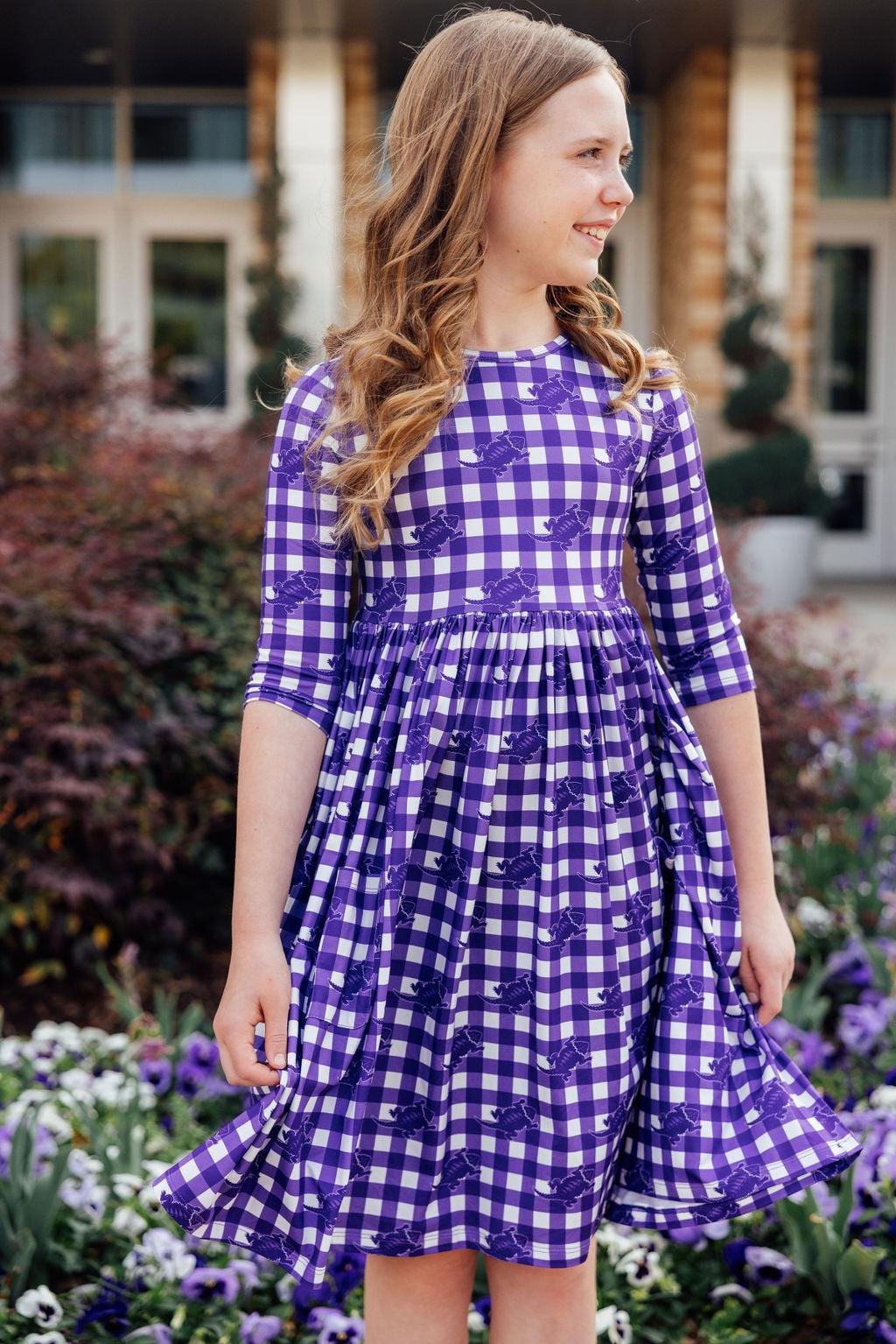 TCU Plaid Frog 3/4 Sleeve Pocket Twirl Dress - Image 7