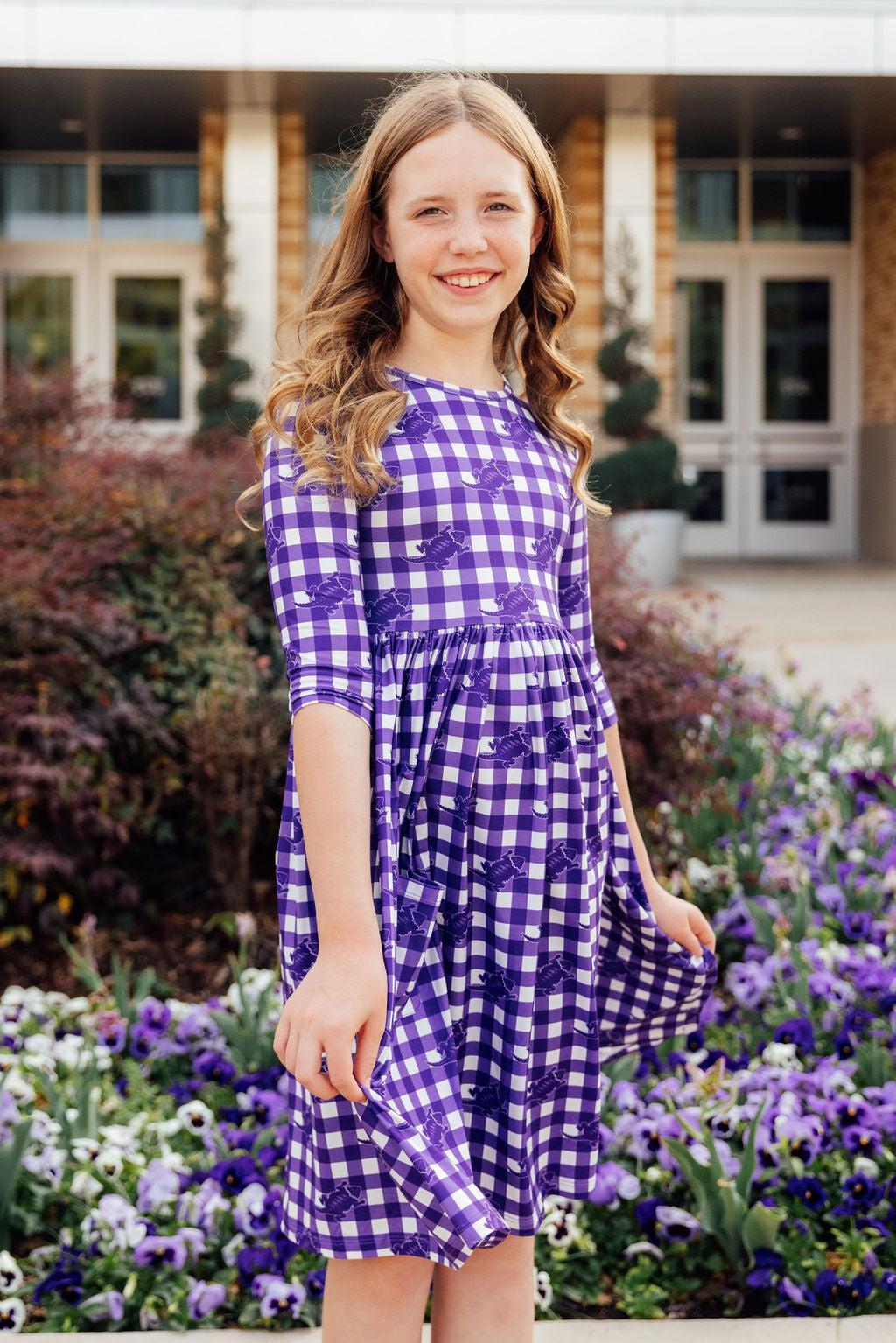 TCU Plaid Frog 3/4 Sleeve Pocket Twirl Dress - Image 9