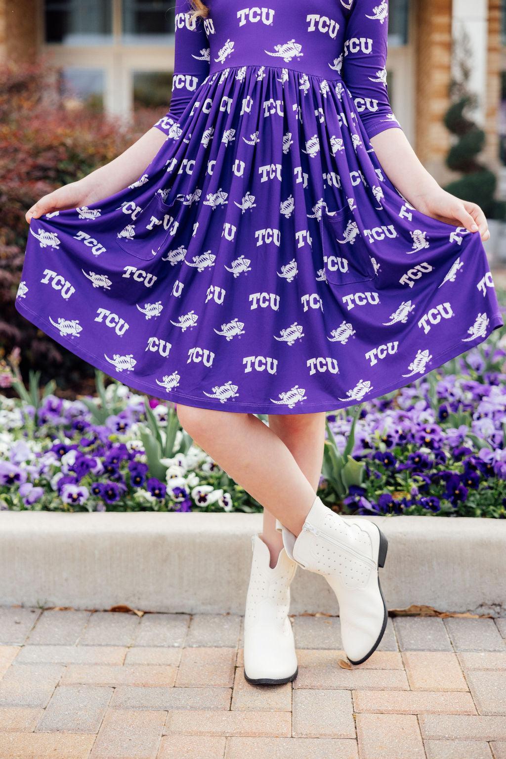 TCU Purple Frog 3/4 Sleeve Pocket Twirl Dress - Image 2