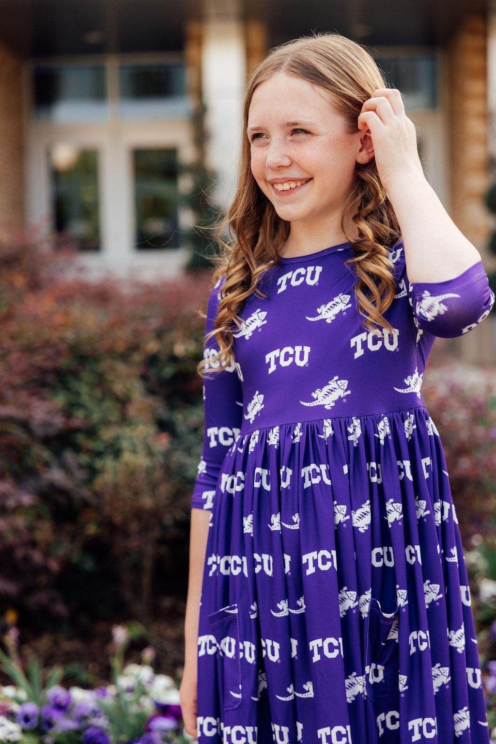 TCU Purple Frog 3/4 Sleeve Pocket Twirl Dress - Image 3