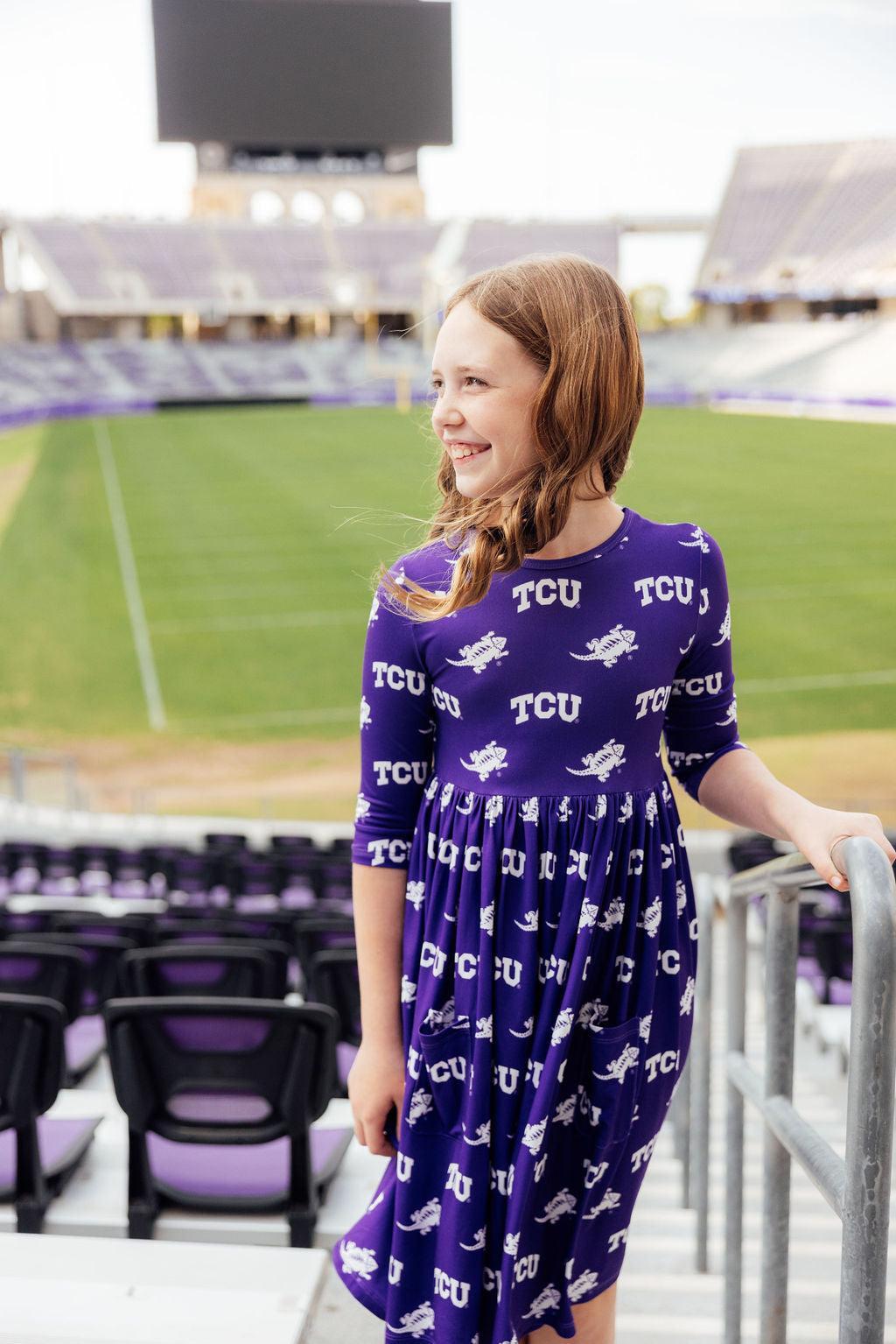 TCU Purple Frog 3/4 Sleeve Pocket Twirl Dress - Image 4