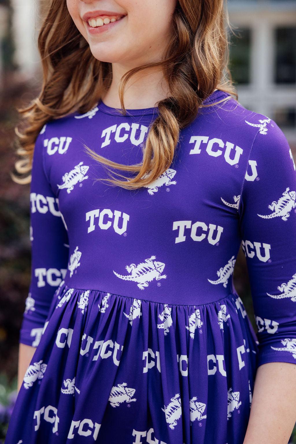 TCU Purple Frog 3/4 Sleeve Pocket Twirl Dress - Image 5
