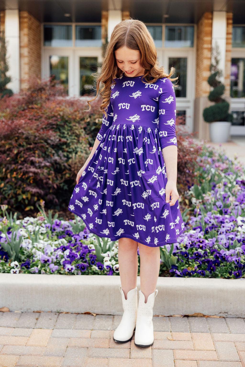 TCU Purple Frog 3/4 Sleeve Pocket Twirl Dress - Image 6