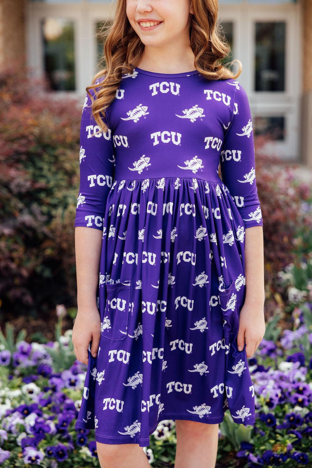 TCU Purple Frog 3/4 Sleeve Pocket Twirl Dress - Image 7