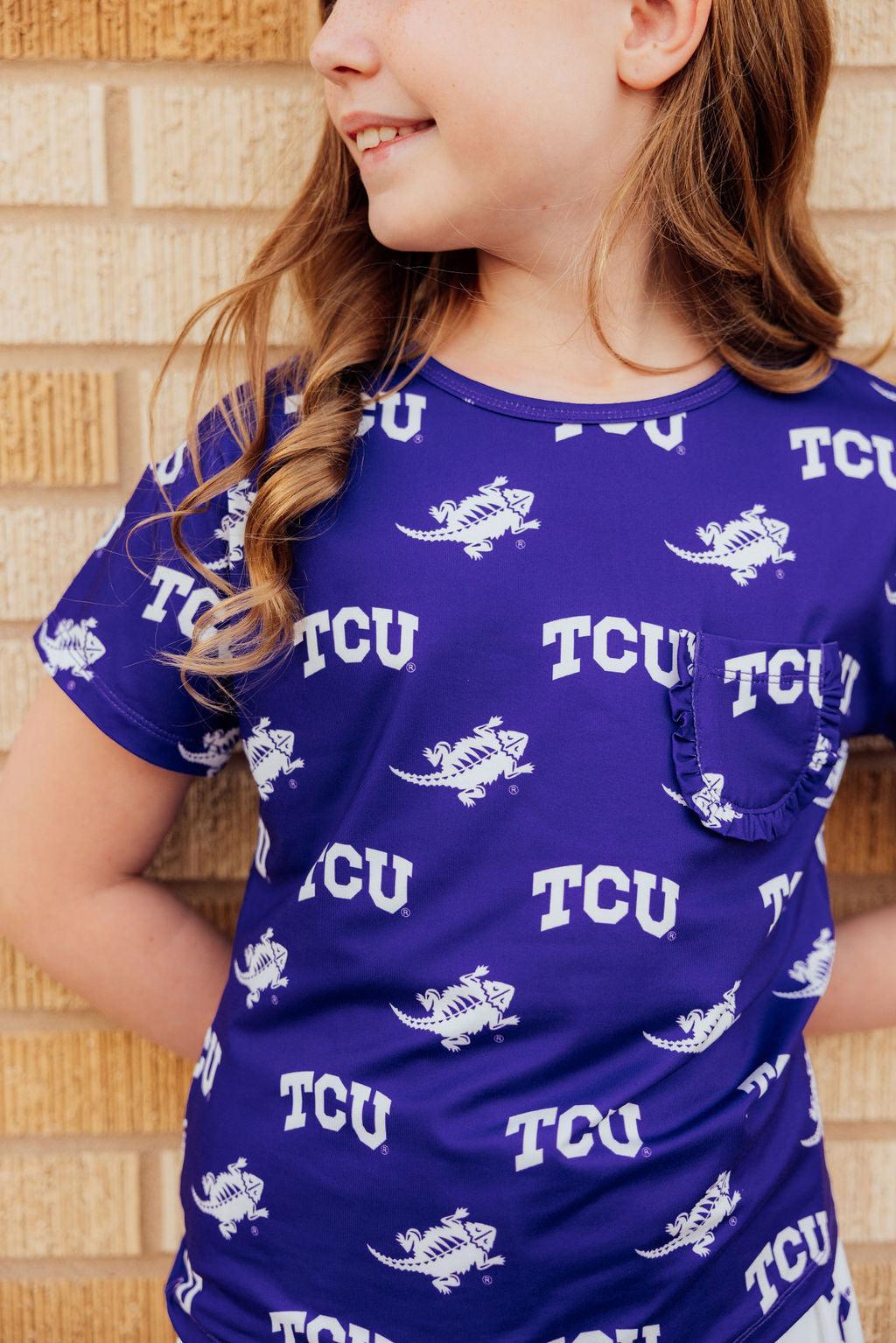 TCU Purple Frog Ruffle Pocket Tee - Image 4