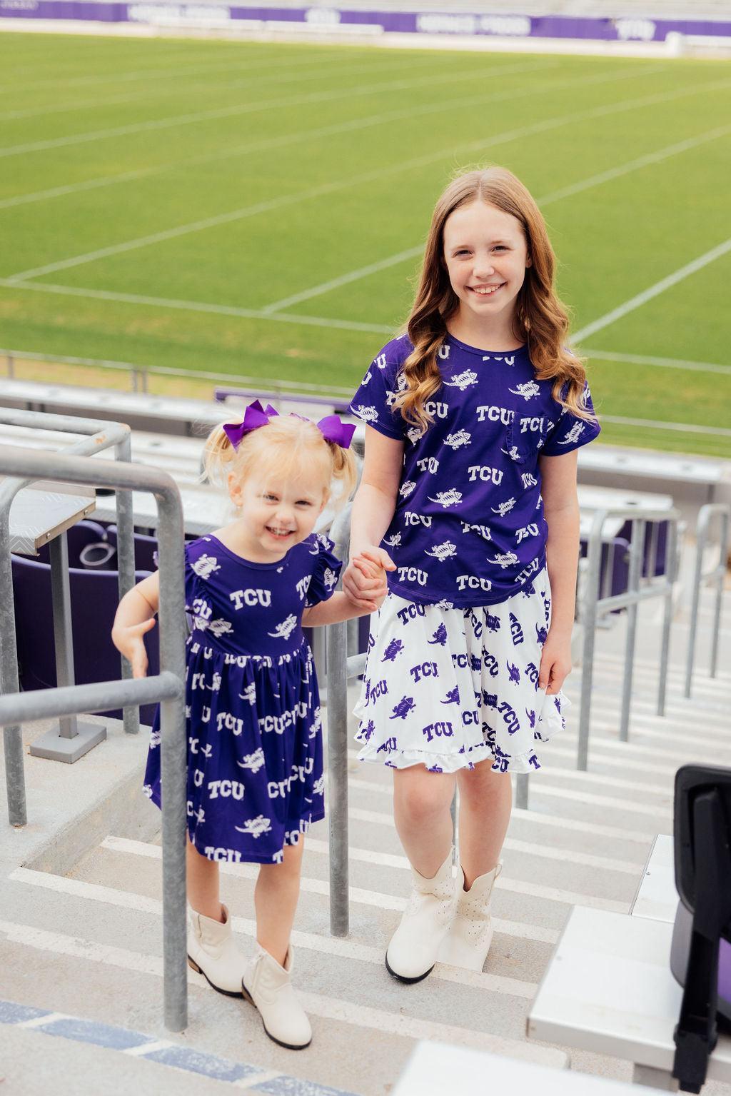 TCU Purple Frog Ruffle Pocket Tee - Image 5