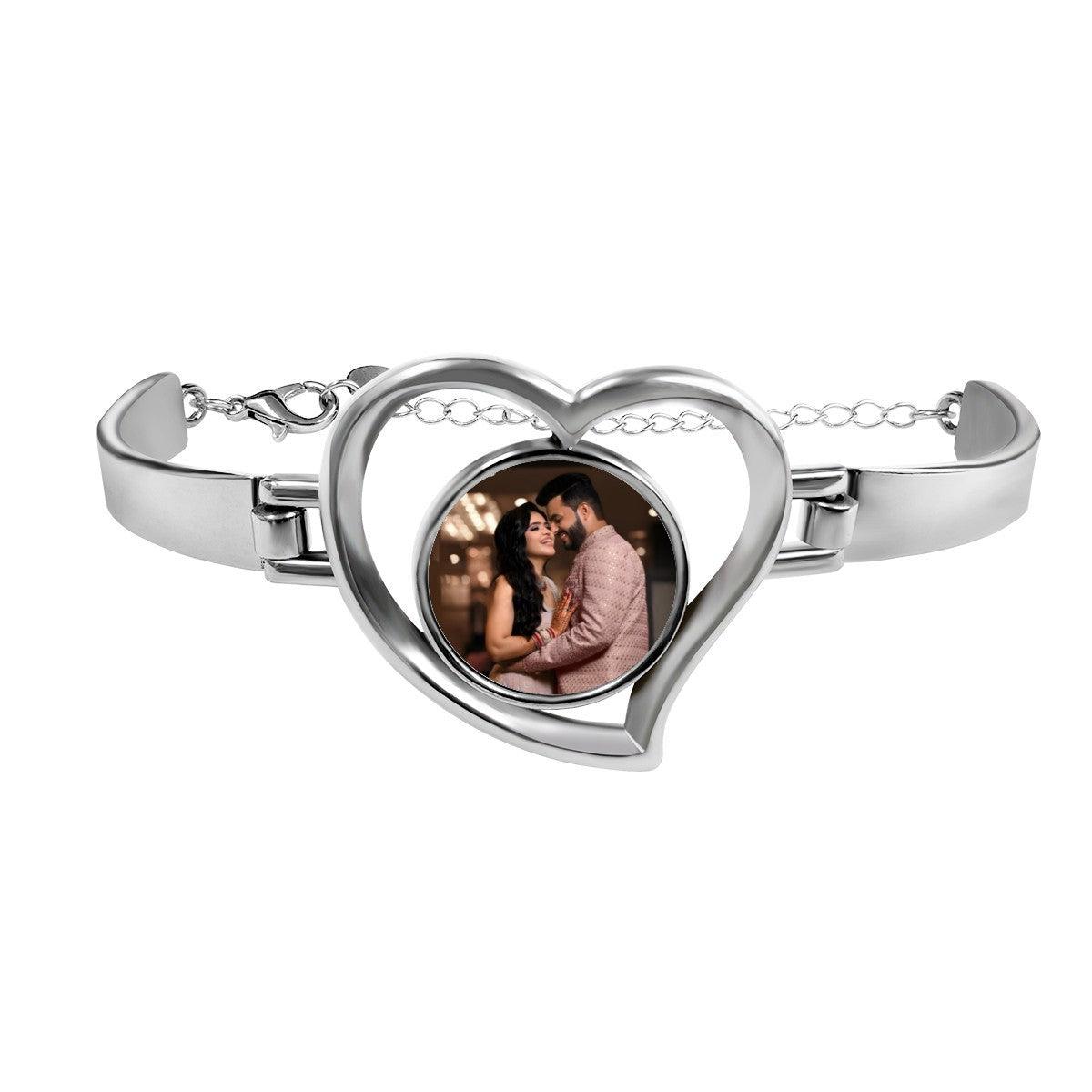 Custom Photo Heart Bangle Bracelet | Personalized Round Photo Charm in Open Heart | Silver