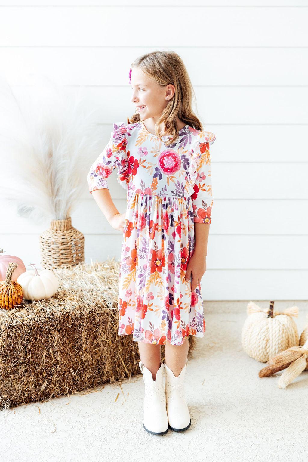 Tangerine Leaves 3/4 Sleeve Ruffle Twirl Dress - Image 3