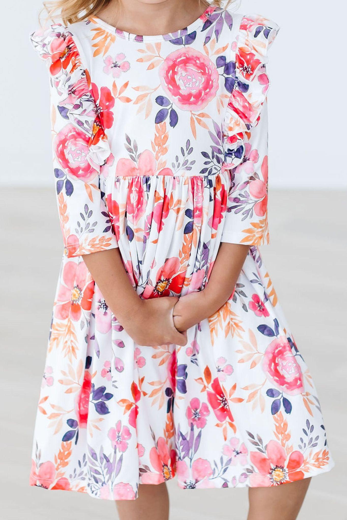 Tangerine Leaves 3/4 Sleeve Ruffle Twirl Dress - Image 5