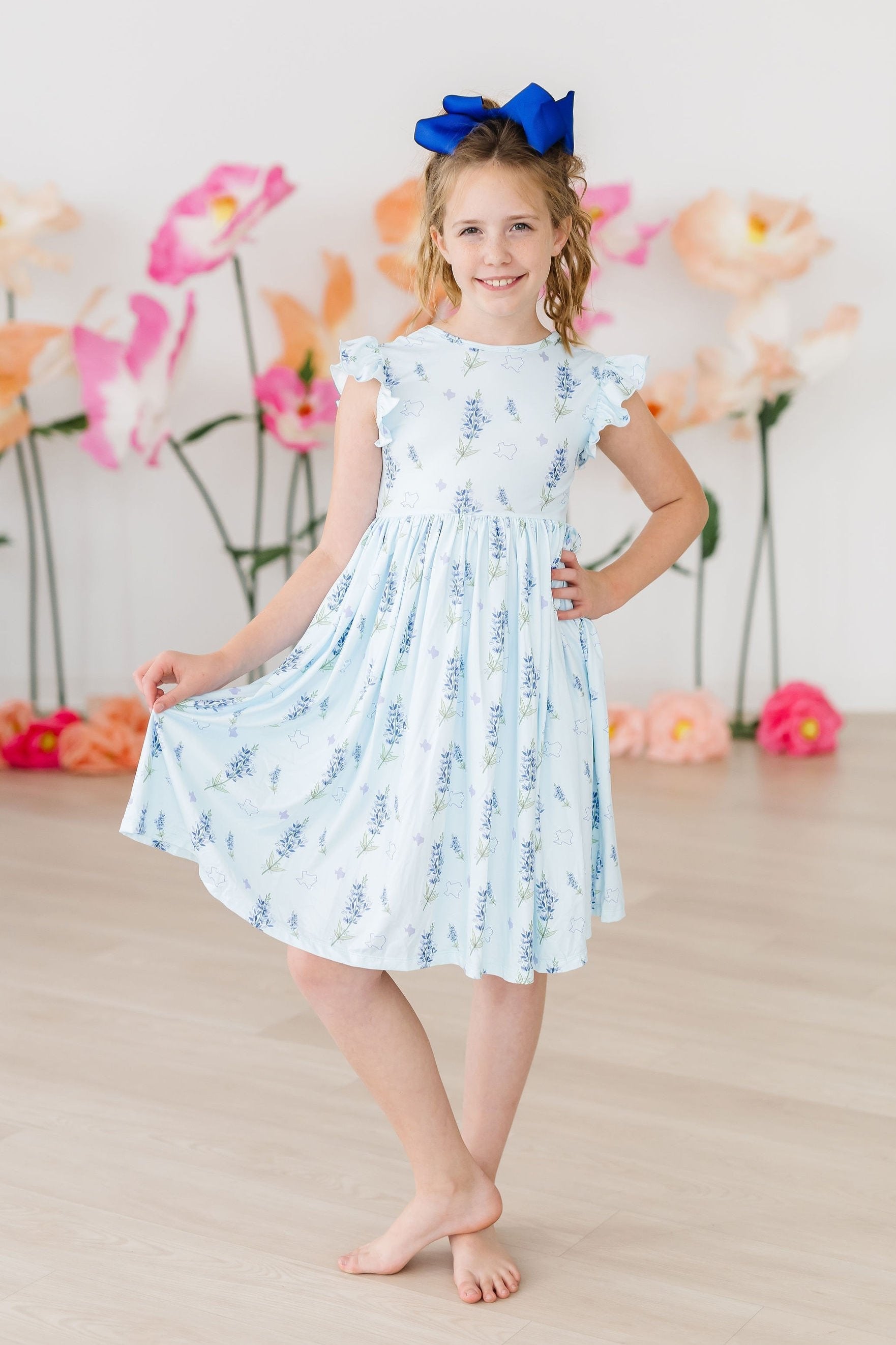 Texas Bluebonnets Flutter Sleeve Twirl Dress - Image 3