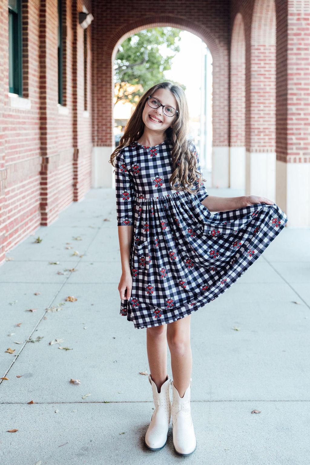 Texas Tech Plaid Raider Red 3/4 Sleeve Pocket Twirl Dress - Image 2