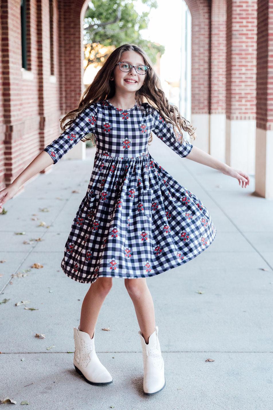 Texas Tech Plaid Raider Red 3/4 Sleeve Pocket Twirl Dress - Image 4