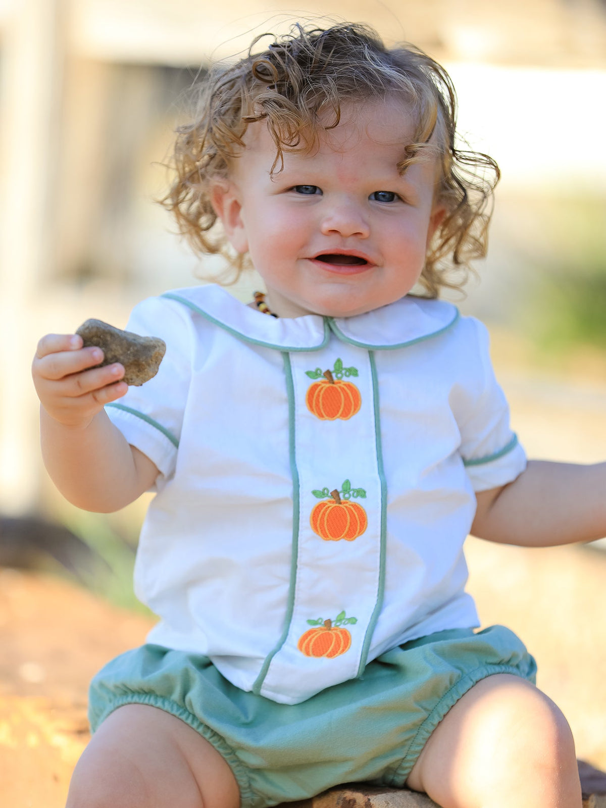 Rylee Faith Designs - Fall Halloween & Thanksgiving Applique Plaid Boys Bloomers Romper Set