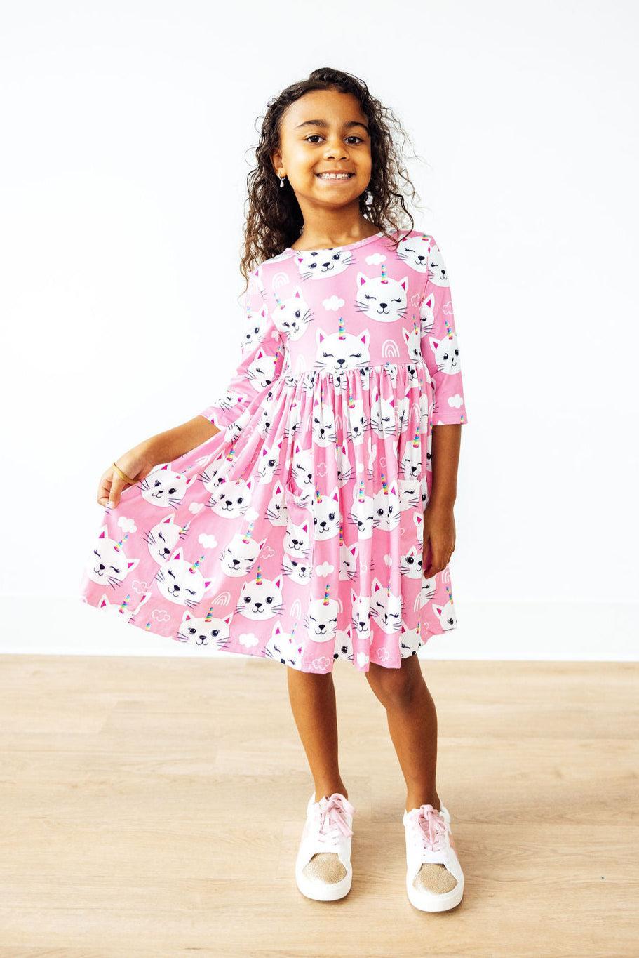 Unicorn Kitties 3/4 Sleeve Pocket Twirl Dress - Image 3