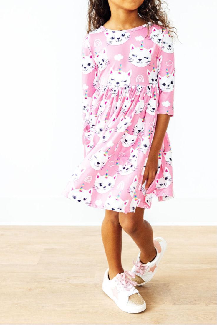 Unicorn Kitties 3/4 Sleeve Pocket Twirl Dress - Image 5