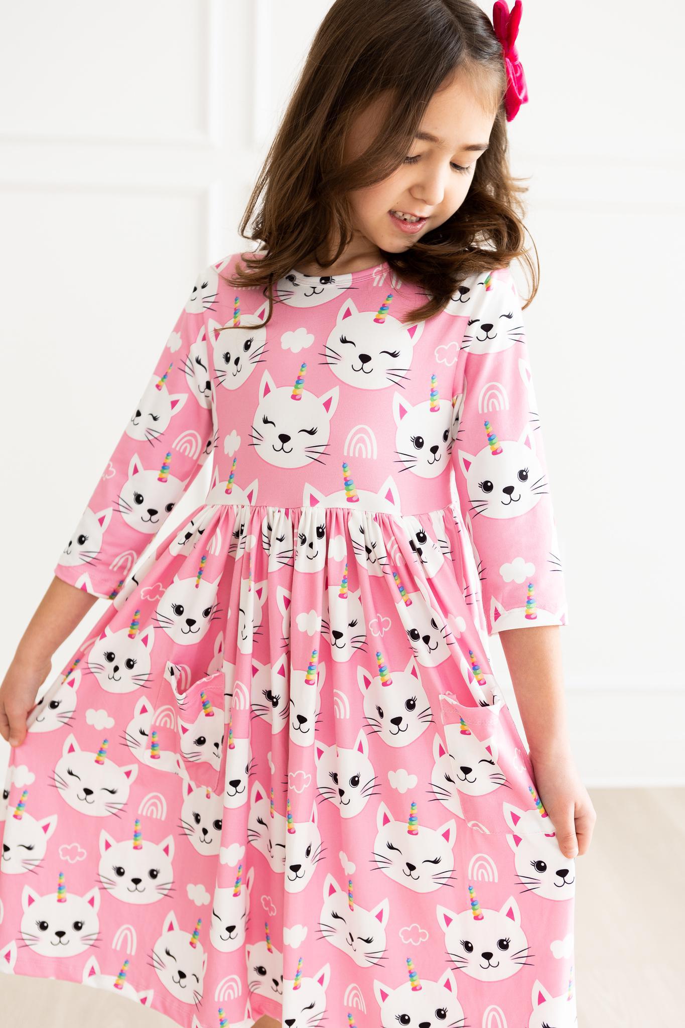 Unicorn Kitties 3/4 Sleeve Pocket Twirl Dress - Image 8