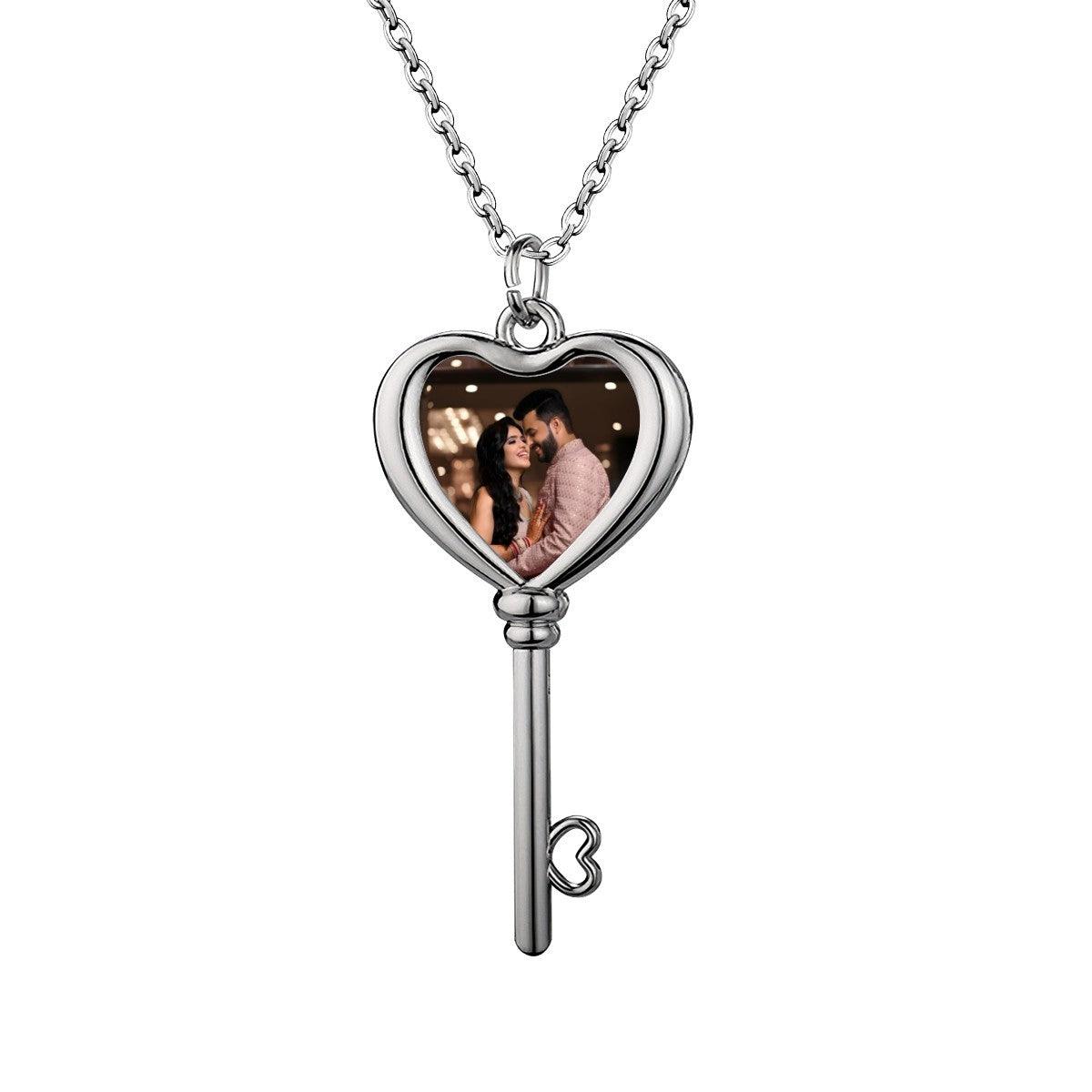Custom Photo Heart Key Necklace | Personalized Key Pendant with Heart Photo | Silver