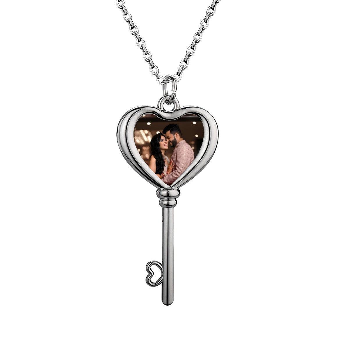 Custom Photo Heart Key Necklace | Personalized Key Pendant with Heart Photo | Silver