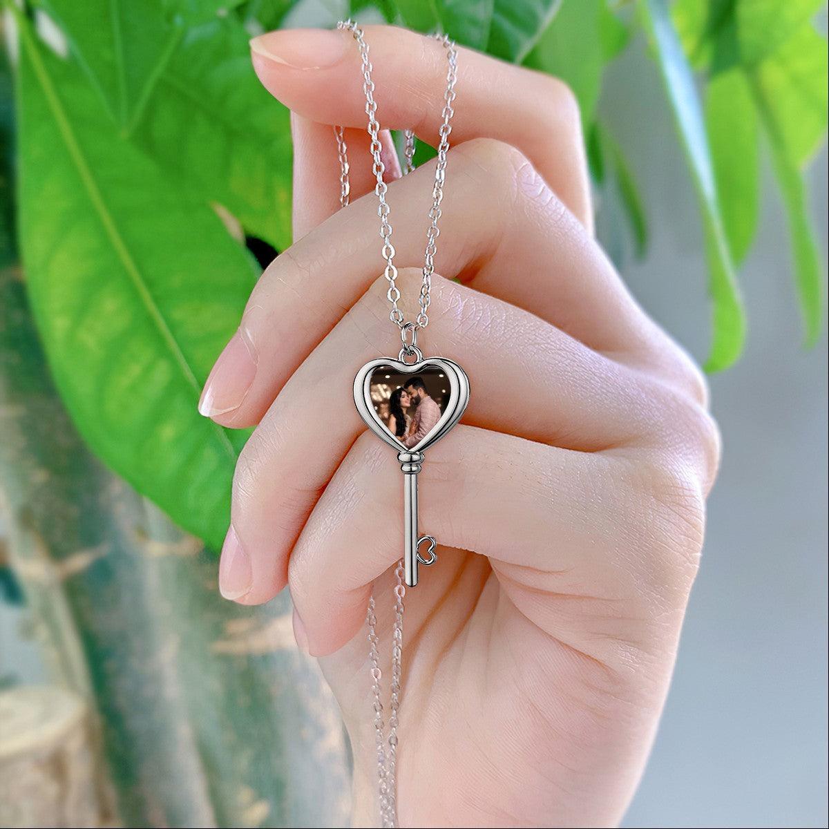 Custom Photo Heart Key Necklace | Personalized Key Pendant with Heart Photo | Silver