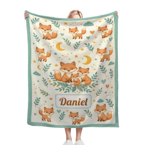 Personalized Fox Blanket with Name - Woodland Fox Family Fleece Throw for Babies, Kids and Fox Lovers - Custom Name Baby Gift
