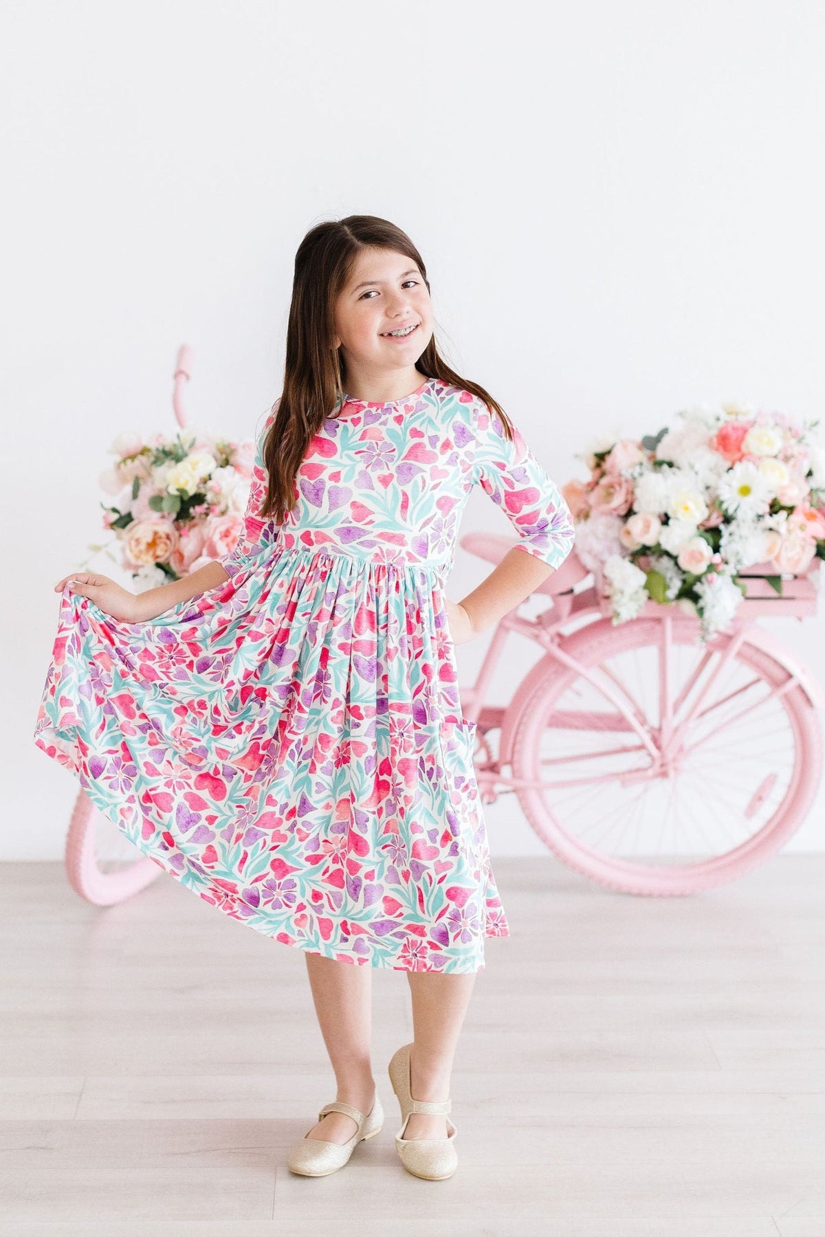 Watercolor Hearts 3/4 Sleeve Pocket Twirl Dress - Image 5