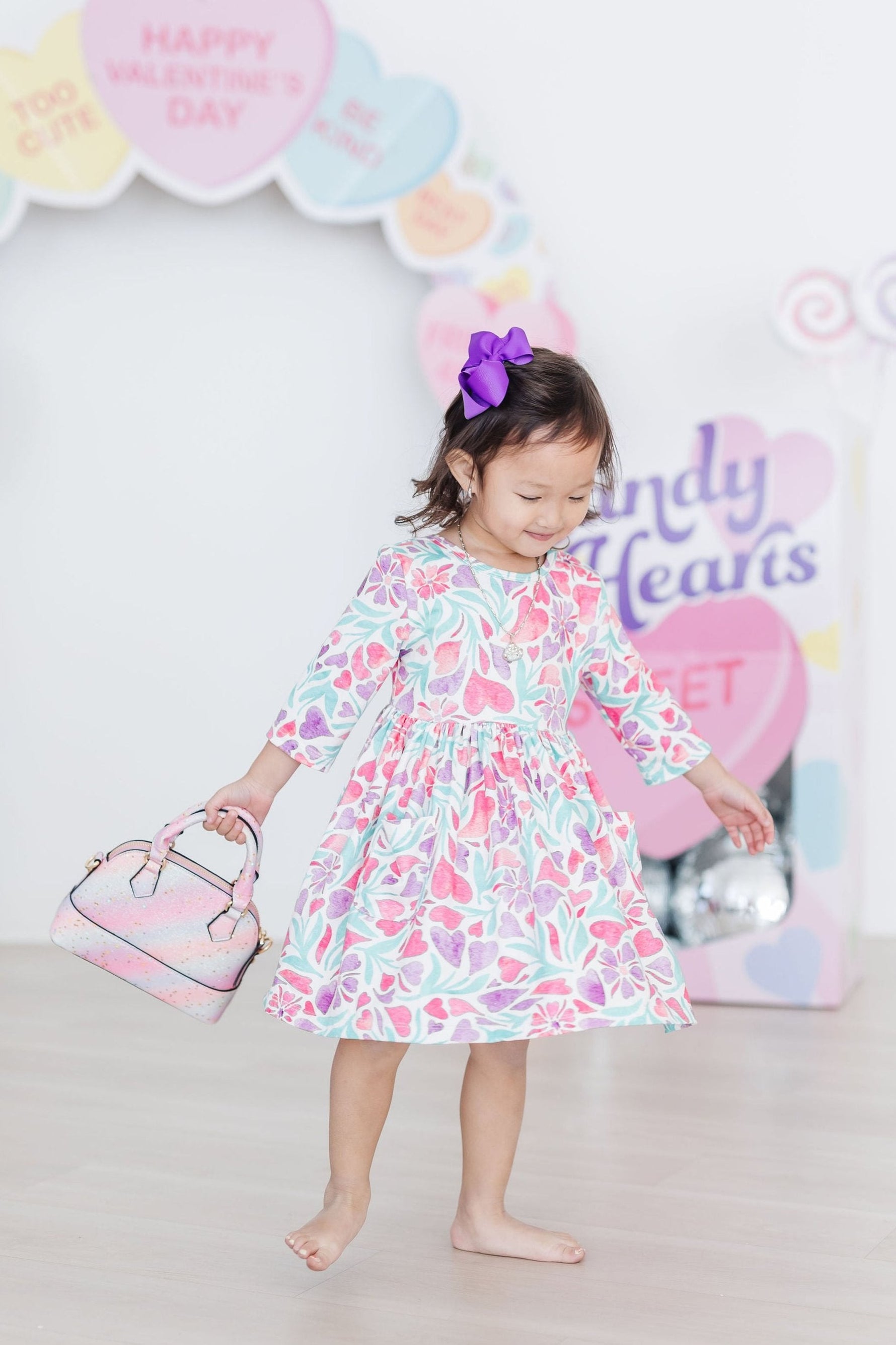 Watercolor Hearts 3/4 Sleeve Pocket Twirl Dress - Image 7