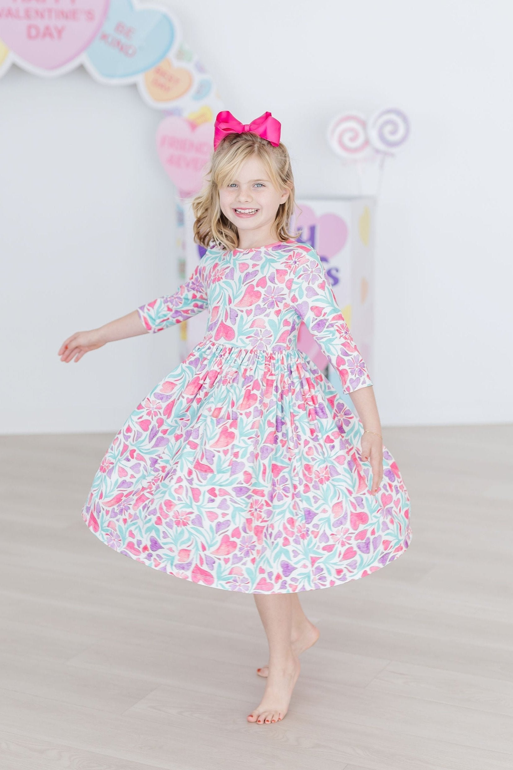 Watercolor Hearts 3/4 Sleeve Pocket Twirl Dress - Image 8