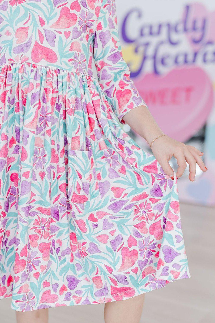 Watercolor Hearts 3/4 Sleeve Pocket Twirl Dress - Image 9