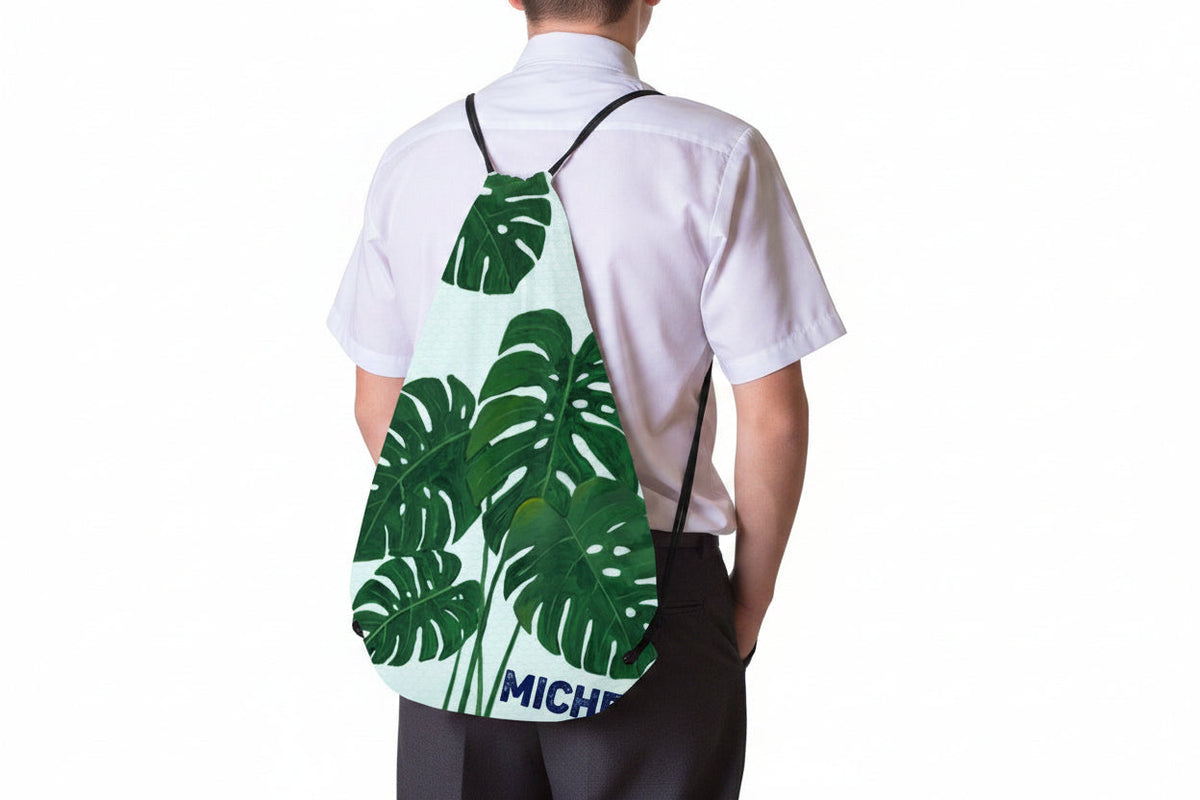 Personalized Monstera Leaf Drawstring Bag with Custom Name - Tropical Plant Gym School and Beach Bag for Kids and Adults