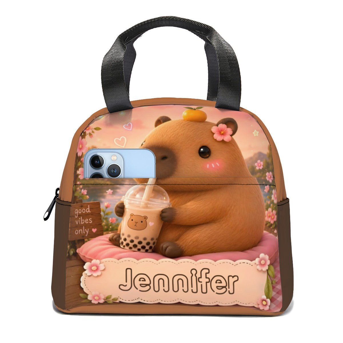 Personalized Capybara Lunch Bag with Name - Kawaii Capybara Boba Tea Design on Insulated Tote with Front Zip Pocket - Custom Gift for Teen Girls