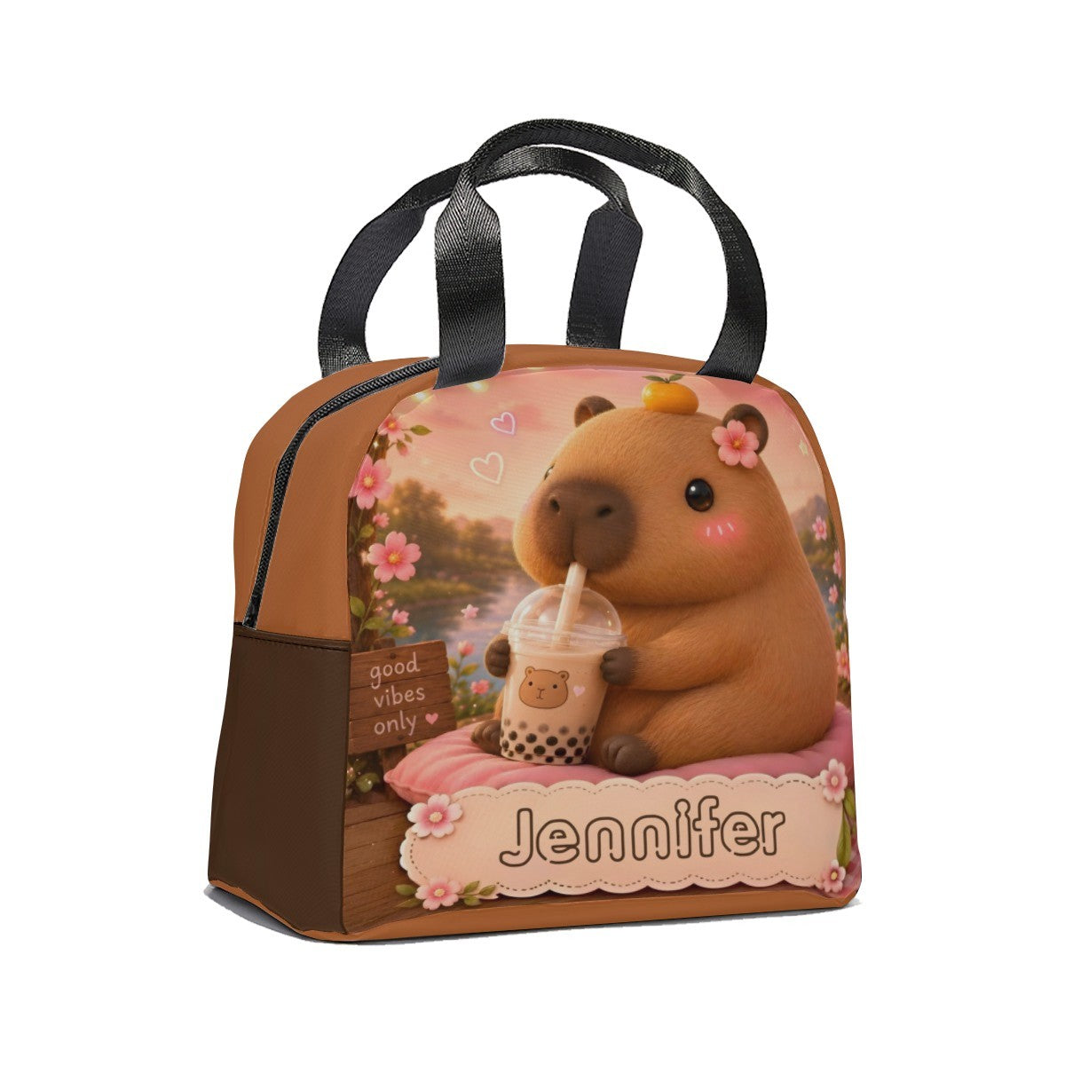 Personalized Capybara Lunch Bag with Name - Kawaii Capybara Boba Tea Design on Insulated Tote with Front Zip Pocket - Custom Gift for Teen Girls