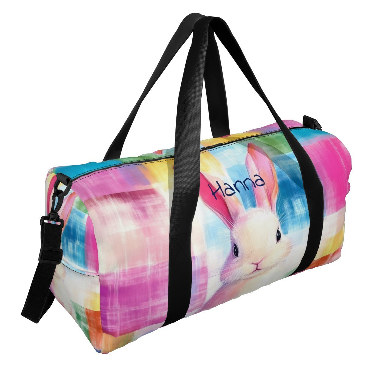 Personalized Watercolor Bunny Duffel Bag with Custom Name – Colorful Travel, Gym & Weekend Bag