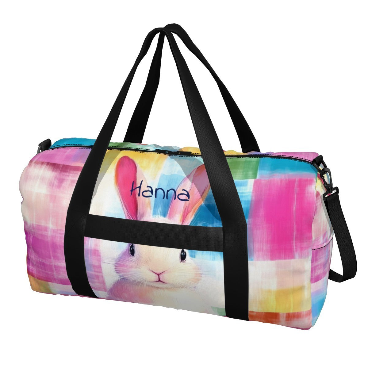 Personalized Watercolor Bunny Duffel Bag with Custom Name – Colorful Travel, Gym & Weekend Bag