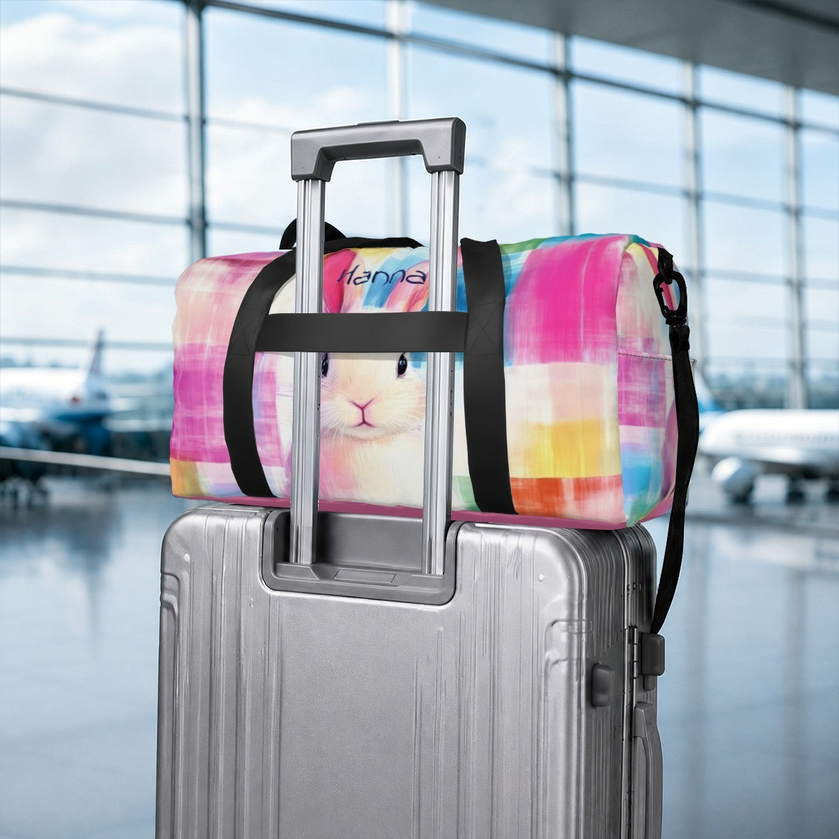 Personalized Watercolor Bunny Duffel Bag with Custom Name – Colorful Travel, Gym & Weekend Bag