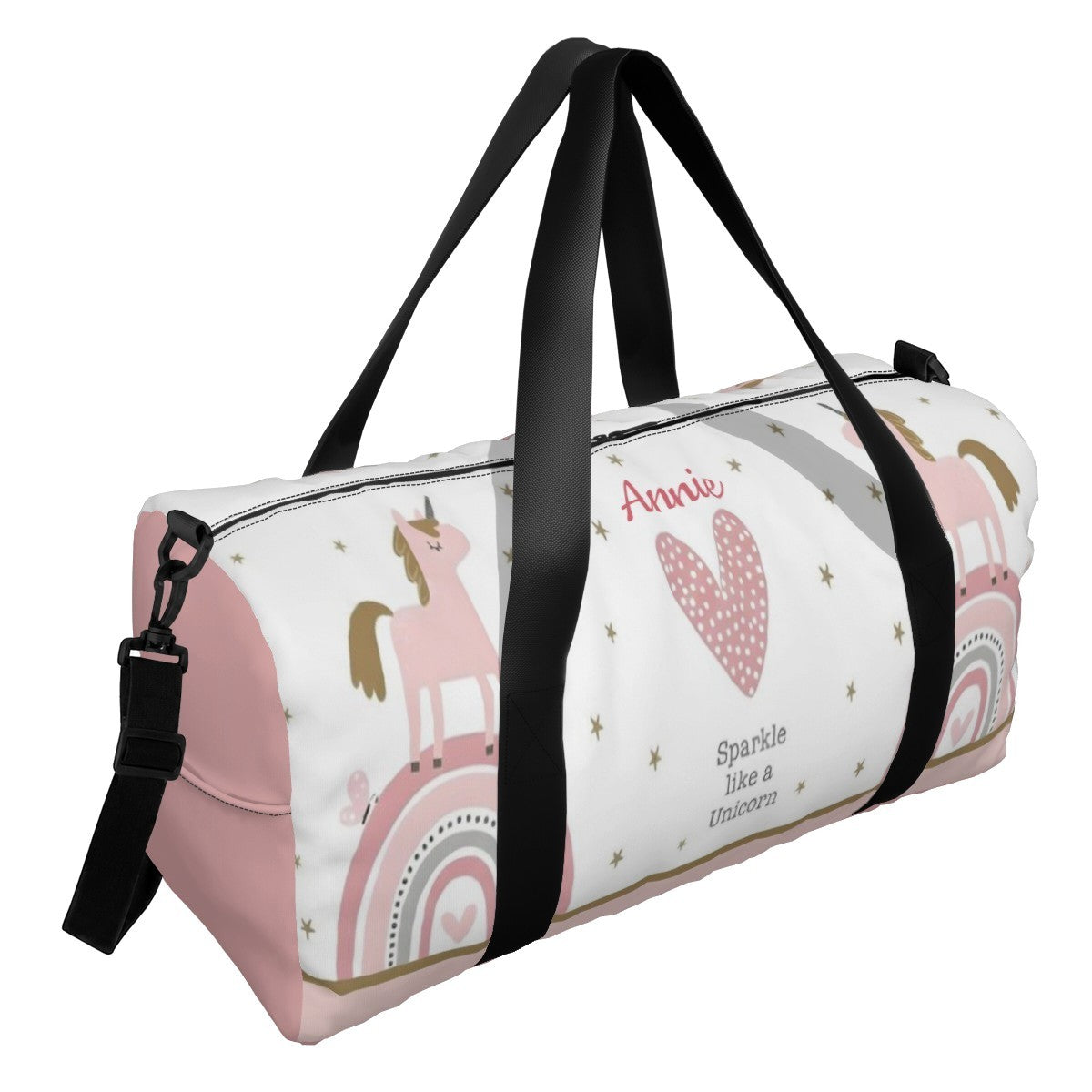 Personalized Pink Sparkle like a Unicorn Rainbow Duffel Bag with Custom Name and Heart – Boho Travel, Gym & Weekend Bag