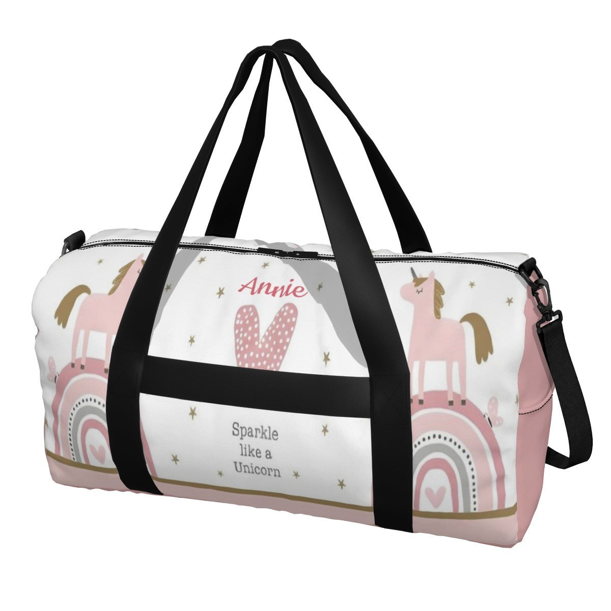Personalized Pink Sparkle like a Unicorn Rainbow Duffel Bag with Custom Name and Heart – Boho Travel, Gym & Weekend Bag