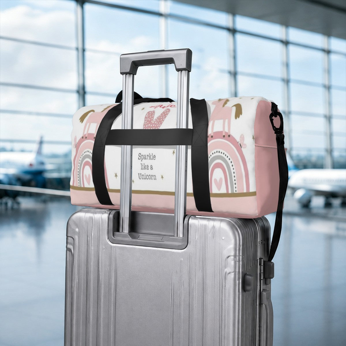 Personalized Pink Sparkle like a Unicorn Rainbow Duffel Bag with Custom Name and Heart – Boho Travel, Gym & Weekend Bag