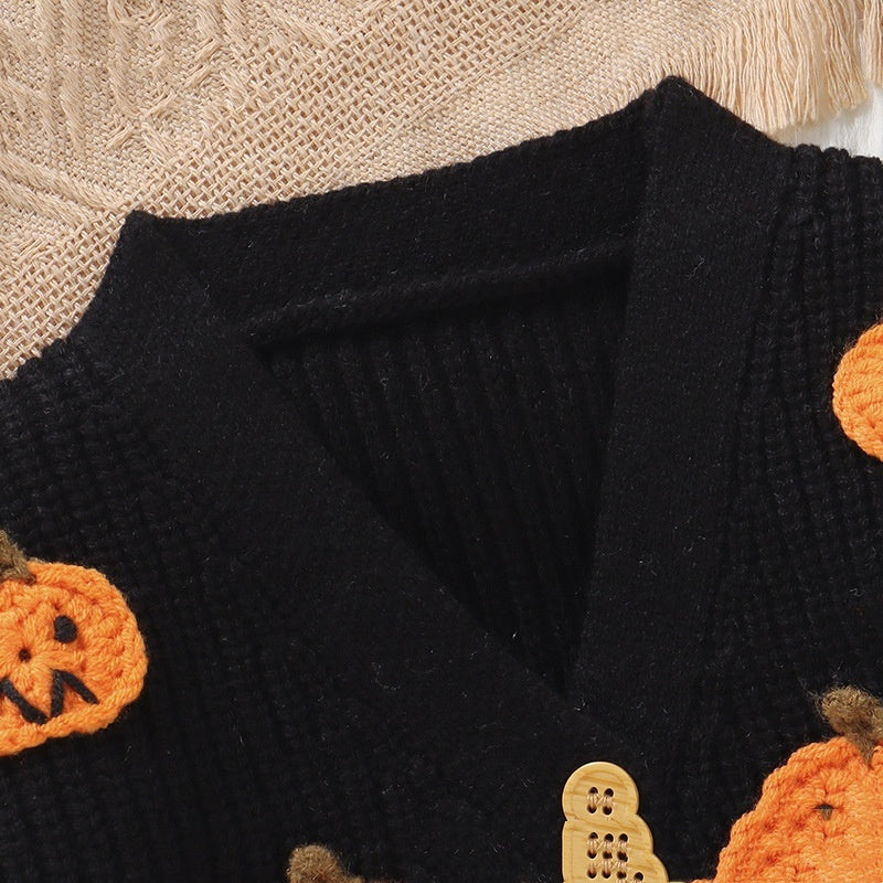 Baby Halloween Three-dimensional Pumpkin Pattern Knitted Long-sleeved V-neck Cardigan - Cindi Book
