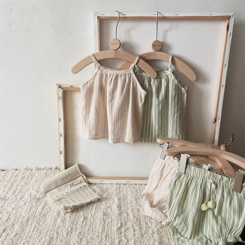 Striped Spaghetti Straps Shorts Suit Baby Girl Two-piece Suit Suit - Cindi Book