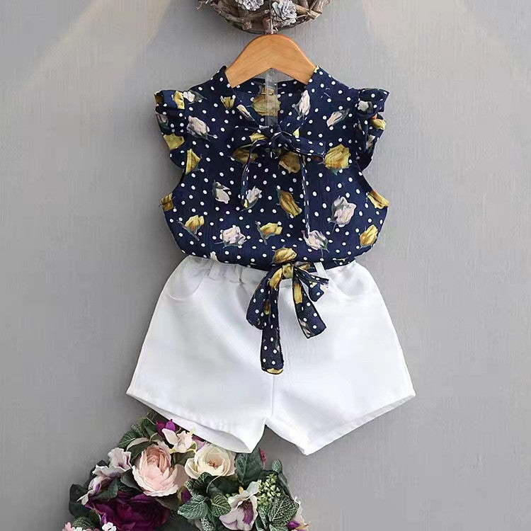 Girls Chiffon Sleeveless Flower Printed Two-piece Suit - Cindi Book