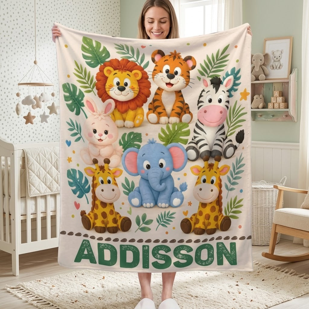 Personalized Safari Animals Blanket with Name | Clustered Group Portrait Design | Custom Kids Gift