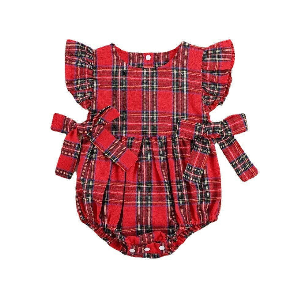 Infant Toddler Summer Stripes Flounced Sleeve Dress Girls' Christmas Plaid Romper - Cindi Book