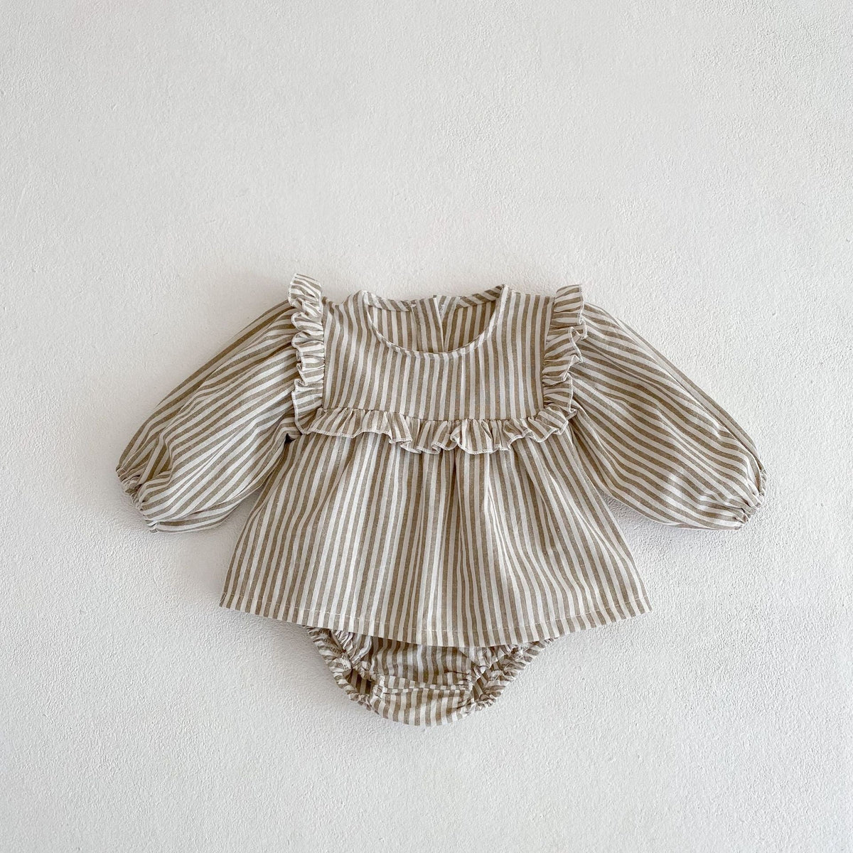 Cotton Baby Ruffle Collar Striped Long Sleeved Skirt Bread Pants Set - Cindi Book