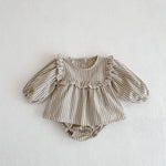 Cotton Baby Ruffle Collar Striped Long Sleeved Skirt Bread Pants Set - Cindi Book