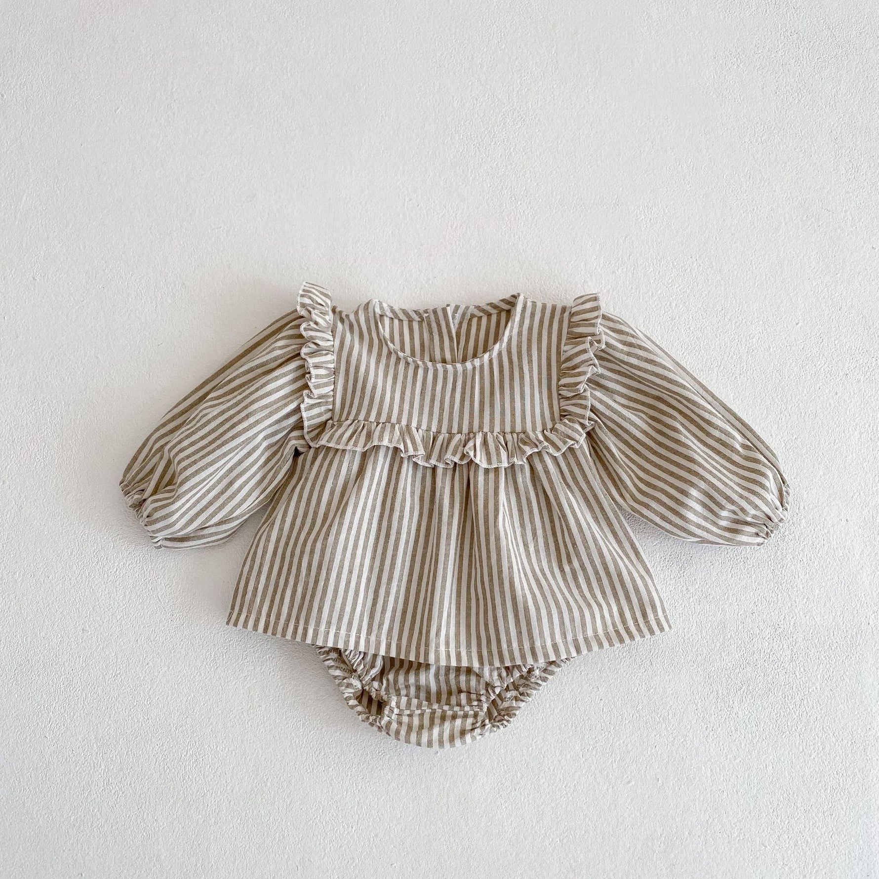 Cotton Baby Ruffle Collar Striped Long Sleeved Skirt Bread Pants Set - Cindi Book
